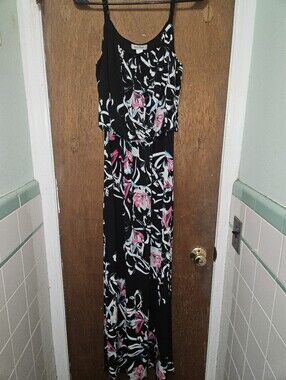 White House Black Market Black Maxi Dress with Pink & Aqua Floral Accents